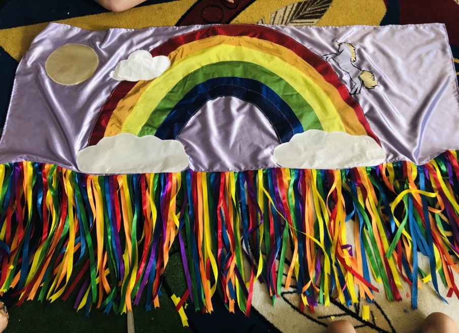 A rainbow flag with fringes
Description automatically generated