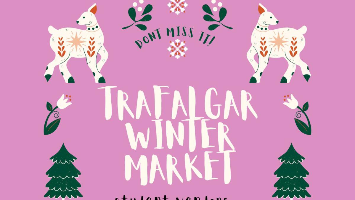 A pink poster showing goats and evergreen trees to advertise a market