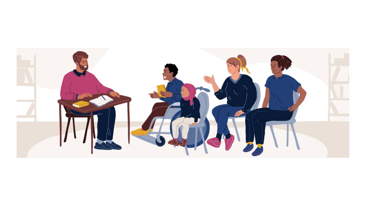 A graphic of a group of diverse students and a teacher in a classroom