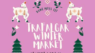 A pink poster showing goats and evergreen trees to advertise a market