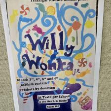 A colourful poster for a middle school performance of Willy Wonka Jr.