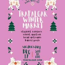 A pink poster showing goats and evergreen trees to advertise a market